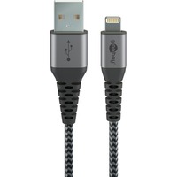 goobay Lightning > Câble textile USB-A avec connecteurs métalliques Gris/Argent, 0,5 mètre